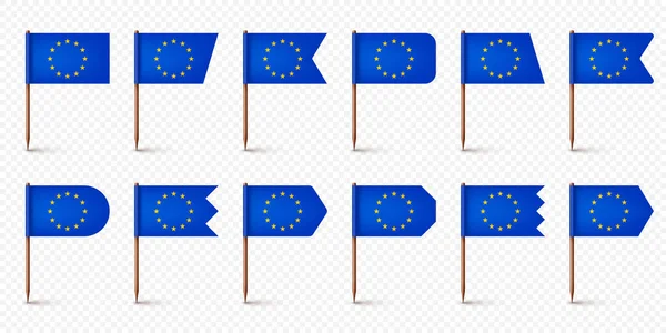 现实的各种欧洲牙签旗 欧洲的纪念品 带有纸旗的木制牙签 位置标记 地图指针 广告和促销的空白模型 矢量说明 — 图库矢量图片