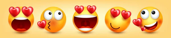 Cartoon Emoji Hearts Emoticons Collection Yellow Face Emotions Mood Facial — Image vectorielle