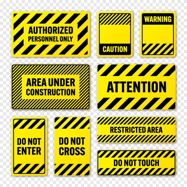 Различные Черные Желтые Предупреждающие Знаки Диагональными Линиями Внимание Опасность Предупреждающий — стоковый вектор