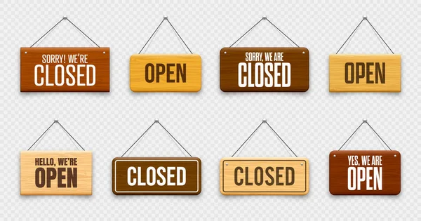 Wooden Open Closed Hanging Signboards Made Wood Door Sign Cafe — Stock Vector
