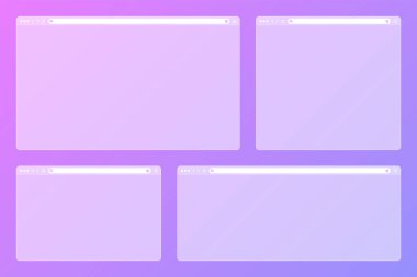 Renkli arkaplanda araç çubuğu ve arama alanı olan boş şeffaf web tarayıcı penceresi. Modern web sitesi, internet sayfası. Bilgisayar, tablet ve akıllı telefon için tarayıcı modeli. Vektör illüstrasyonu.