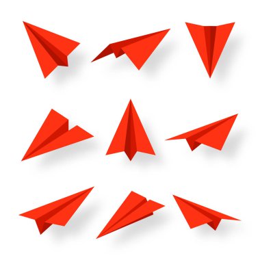 Realistic red paper planes collection. Handmade origami aircraft in flat style. Paper toy for a child. Business concept element, project startup and goal achievement. Vector illustration.