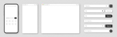 Akıllı telefon, boş internet tarayıcı penceresi ve çeşitli arama çubuğu şablonları. Arama kutusu, adres çubuğu ve metin alanı olan web sitesi motoru. UI tasarımı, web sitesi arayüzü elemanları. Vektör illüstrasyonu.
