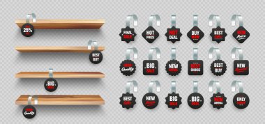 Wooden store shelves with supermarket promotional wobblers. Product shelf and advertising wobbler. Grocery wall rack. Sale or discount label, special offer price tag. Vector illustration.