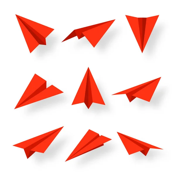Realistická Sbírka Červených Papírových Letadel Ručně Vyráběná Origami Letadla Plochém — Stockový vektor