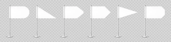 现实的各种桌子旗在铬钢杆上 白纸或织物制成的空白白旗 新金属立柱 做促销和广告的模特 矢量说明 — 图库矢量图片