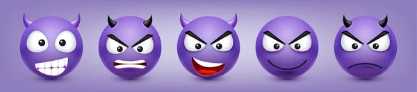 Cartoon Emoji Emoticons Collection Violet Face Emotions Mood Facial Expression — Stok Vektör