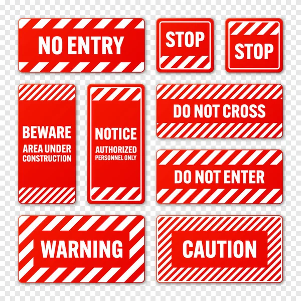Различные Белые Красные Предупреждающие Знаки Диагональными Линиями Внимание Опасность Предупреждающий — стоковый вектор