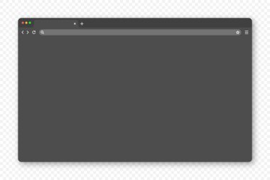 Sekme, araç çubuğu ve arama alanı olan boş web tarayıcı penceresi. Modern web sitesi, düz stil internet sayfası. Bilgisayar, tablet ve akıllı telefon için tarayıcı modeli. Karanlık mod. Vektör illüstrasyonu.