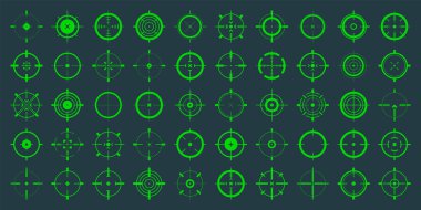 Crosshair, silah görüş vektör simgeleri. Tam isabet, yeşil hedef ya da nişan sembolü. Askeri tüfek dürbünü, işaret fişeği. Nişan alıyorum, nişan alıyorum. Okçuluk, avcılık ve spor atıcılığı. Oyun UI ögesi