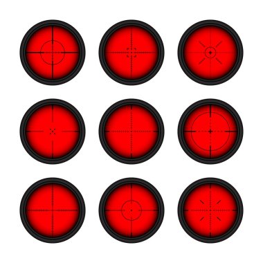 Various weapon thermal infrared sights, sniper rifle optical scopes. Hunting gun viewfinder with crosshair. Aim, shooting mark symbol. Military target sign. Game UI element. Vector illustration.