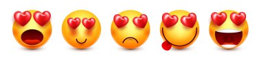 Cartoon emoji with hearts, emoticons collection. Yellow face with emotions, mood. Facial expression, realistic emoji. Sad, happy, angry faces. Funny character with smiling face. Vector illustration.