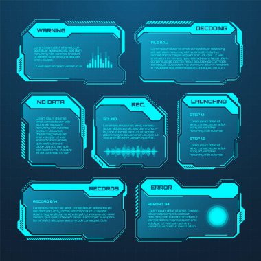 Mavi fütüristik HUD ya da UI elementleri. Bilim kurgu kullanıcı arayüzü mesaj kutuları, çağrılar. Uyarı ileti çerçeveleri, bilgi kutuları şablonu. Modern oyun arayüzü düzeni dijital stilde. Vektör illüstrasyonu.