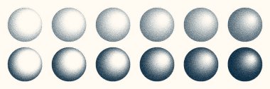 Round shaped dotted objects, vintage stipple elements. Fading gradient. Stippling, dotwork drawing, shading using dots. Halftone disintegration effect. White noise grainy texture. Vector illustration.