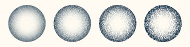 Round shaped dotted objects, vintage stipple elements. Fading gradient. Stippling, dotwork drawing, shading using dots. Halftone disintegration effect. White noise grainy texture. Vector illustration.