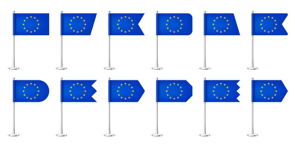 Realista Varias Banderas Mesa Europeas Poste Acero Cromado Recuerdo Europa — Vector de stock