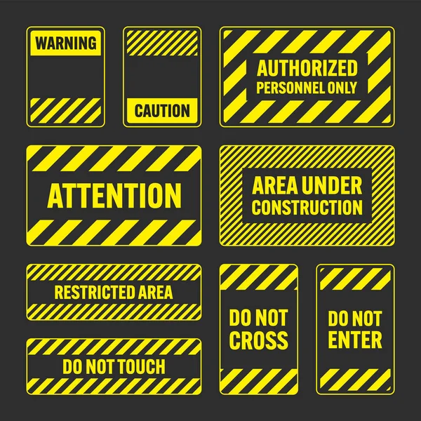 Various Yellow Warning Signs Diagonal Lines Attention Danger Caution Sign — Image vectorielle