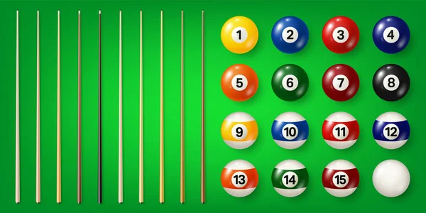 Colorful Billiard Balls Numbers Various Pool Cues Green Background Glossy — Stockový vektor