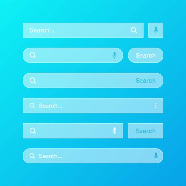 Çeşitli şeffaf arama çubuğu şablonları. Arama kutusu, adres çubuğu ve metin alanı olan internet tarayıcı motoru. Kullanıcı tasarımı, web arayüzü ögesi web simgeleri ve düğmeye basın. Vektör illüstrasyonu.