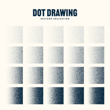 Square shaped dotted objects, vintage stipple elements. Stippling, dotwork drawing shading using dots. Halftone disintegration effect. White noise grainy texture. Fading gradient. Vector illustration.