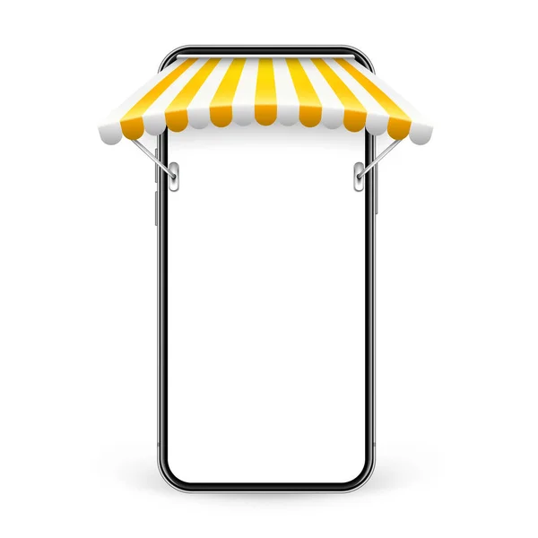 Smartfon Sklepowym Parasolem Metalowym Mocowaniem Internetowe Zakupy Realistyczne Żółte Paski — Wektor stockowy