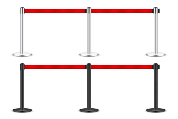 Realistic Red Retractable Belt Stanchion Crowd Control Barrier Posts Caution — Vector de stock
