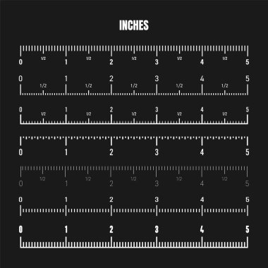 Realistic white inch scale for measuring length or height. Various measurement scales with divisions. Ruler, tape measure marks, size indicators. Vector illustration.