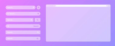 Çeşitli arama çubuğu şablonlarına sahip boş saydam internet tarayıcı penceresi. Arama kutusu, adres çubuğu ve metin alanı olan web sitesi motoru. UI tasarımı, web sitesi arayüzü elemanları. Vektör illüstrasyonu.