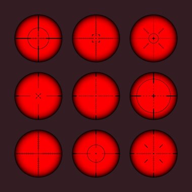 Various weapon thermal infrared sights, sniper rifle optical scopes. Hunting gun viewfinder with crosshair. Aim, shooting mark symbol. Military target sign. Game UI element. Vector illustration.