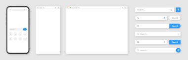 Akıllı telefon, boş internet tarayıcı penceresi ve çeşitli arama çubuğu şablonları. Arama kutusu, adres çubuğu ve metin alanı olan web sitesi motoru. UI tasarımı, web sitesi arayüzü elemanları. Vektör illüstrasyonu.