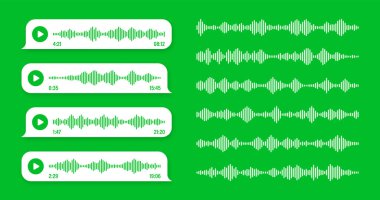 Ses, sesli mesaj, yeşil konuşma balonu. SMS metin çerçevesi. Sosyal medya sohbeti ya da mesajlaşma uygulaması sohbeti. Ses asistanı, kayıt cihazı. Ses dalgaları. Vektör illüstrasyonu.