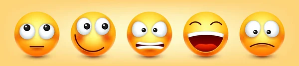 Cartoon Emoji Emoticons Collection Yellow Face Emotions Mood Facial Expression — Stok Vektör