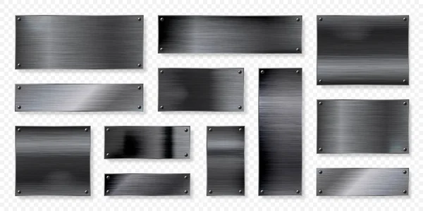 Gerçekçi Black Metal Pankart Koleksiyonu Fırçalanmış Çelik Alüminyum Plaka Çivili — Stok Vektör