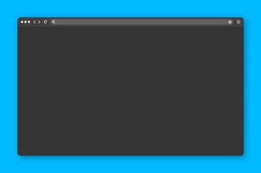 Araç çubuğu ve arama alanı olan boş web tarayıcı penceresi. Modern web sitesi, düz stil internet sayfası. Bilgisayar, tablet ve akıllı telefon için tarayıcı modeli. Karanlık mod. Vektör illüstrasyonu.