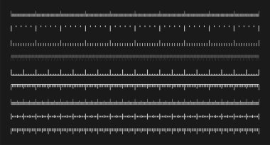 Various measurement scales with divisions. Realistic white scale for measuring length or height in centimeters, millimeters or inches. Ruler, tape measure marks, size indicators. Vector illustration. clipart