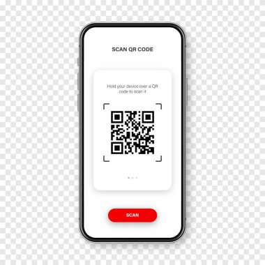 QR kod tarayıcı, akıllı telefon için okuyucu uygulaması. Kimlik takip kodu. Seri numarası, dijital bilgili ürün kimliği. Mağaza, süpermarket tarama etiketleri, fiyat etiketleri. Vektör illüstrasyonu