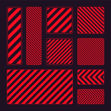 Çapraz çizgileri olan çeşitli kırmızı uyarı işaretleri. Dikkat, tehlike ya da uyarı işareti, inşaat alanı işareti. Gerçekçi uyarı panosu, uyarı panosu, yol kalkanı. Vektör illüstrasyonu.
