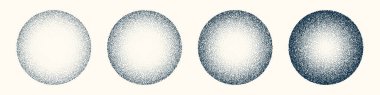 Round shaped dotted objects, vintage stipple elements. Fading gradient. Stippling, dotwork drawing, shading using dots. Halftone disintegration effect. White noise grainy texture. Vector illustration.