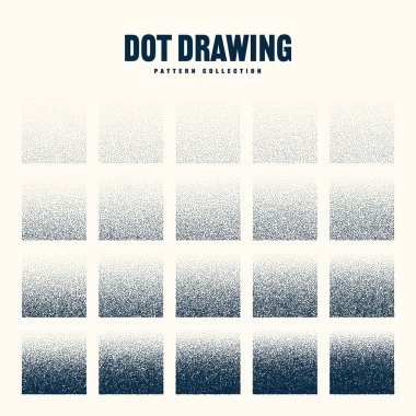 Square shaped dotted objects, vintage stipple elements. Stippling, dotwork drawing shading using dots. Halftone disintegration effect. White noise grainy texture. Fading gradient. Vector illustration.