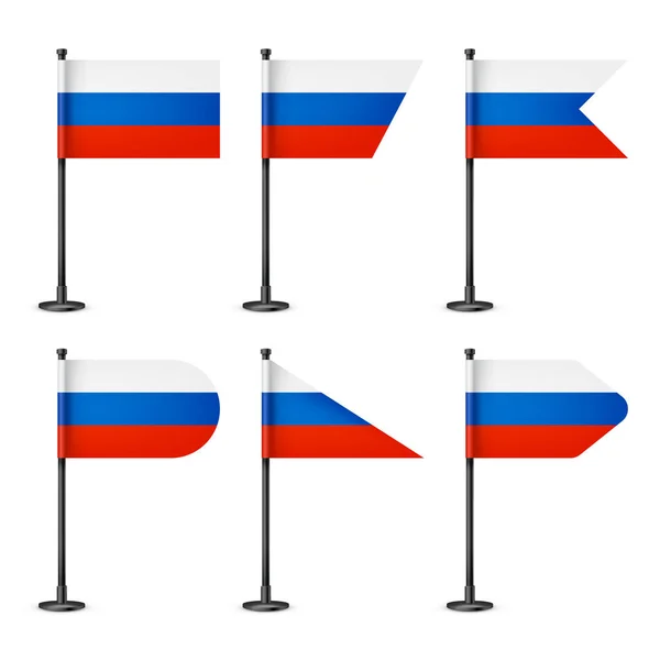 Ρεαλιστικές Διάφορες Ρωσικές Σημαίες Τραπέζι Ένα Μαύρο Χάλυβα Πόλο Σουβενίρ — Διανυσματικό Αρχείο