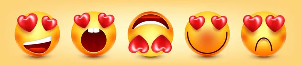 Cartoon Emoji Hearts Emoticons Collection Yellow Face Emotions Mood Facial — Stock Vector