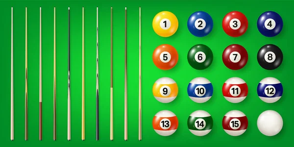 Colorful Billiard Balls Numbers Various Pool Cues Green Background Glossy — Stockvektor