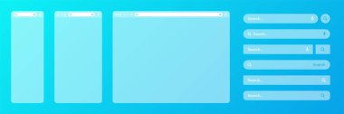 Çeşitli arama çubuğu şablonlarına sahip boş saydam internet tarayıcı penceresi. Arama kutusu, adres çubuğu ve metin alanı olan web sitesi motoru. UI tasarımı, web sitesi arayüzü elemanları. Vektör illüstrasyonu.
