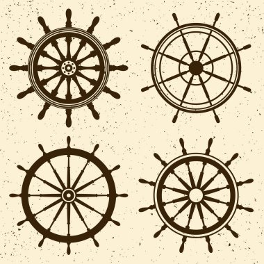 Grunge vintage direksiyon koleksiyonu. Gemi, yat retro tekerlek sembolü. Denizci dümeni simgesi. Deniz tasarım elemanı. Vektör illüstrasyonu.