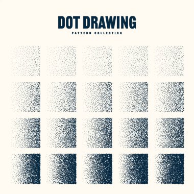 Square shaped dotted objects, vintage stipple elements. Stippling, dotwork drawing shading using dots. Halftone disintegration effect. White noise grainy texture. Fading gradient. Vector illustration.