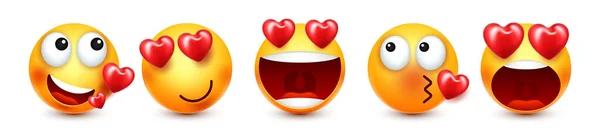 Tecknad Emoji Med Hjärtan Emoticons Samling Gult Ansikte Med Känslor — Stock vektor