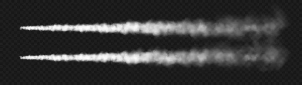 現実的なミサイルや弾丸の痕跡 飛行機の結露歩道 ジェット航空機のトラック 宇宙ロケット打ち上げ 白い煙の雲 蒸気の流れ ベクターイラスト — ストックベクタ