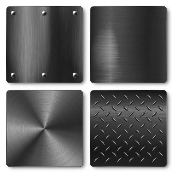 Various Realistic Black Metal Banners Collection Brushed Steel Aluminium Plate — Archivo Imágenes Vectoriales