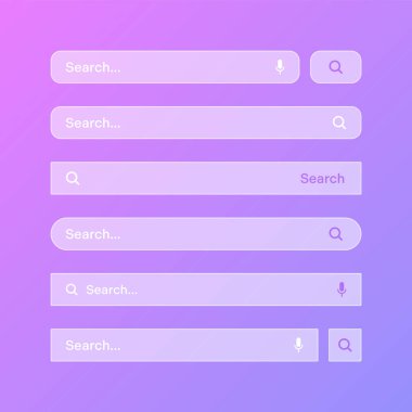Çeşitli şeffaf arama çubuğu şablonları. Arama kutusu, adres çubuğu ve metin alanı olan internet tarayıcı motoru. Kullanıcı tasarımı, web arayüzü ögesi web simgeleri ve düğmeye basın. Vektör illüstrasyonu.