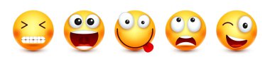 Cartoon emoji, emoticons collection. Yellow face with emotions, mood. Facial expression, realistic emoji. Sad, happy, angry faces. Funny character with smiling face. Vector illustration.